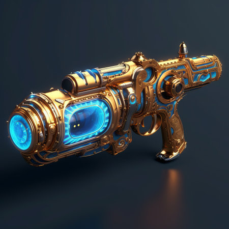 this high-tech pistol boasts a stunning gold ornate trim and a blue light scope flamethrower, making it a must-have for any sci-fi enthusiast. ai generatedの素材