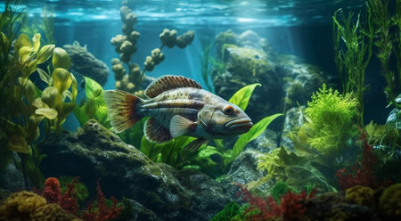 this high definition photo showcases a catfish aquarium with plants and stones in photo-realistic detail. ai generatedの素材