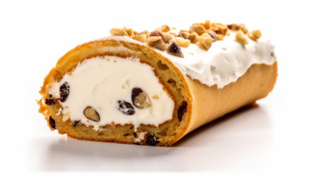 a product photography of a delicious cannoli roll slice on a clean white background. the pastry is filled with sweet ricotta cheese and chocolate chips, and dusted with powdered sugar. ai generatedの素材
