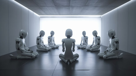 in a dimly lit concrete room, a group of telepresence robots huddle together, their lifelike appearance and inner glow creating an eerie atmosphere. ai generatedの素材