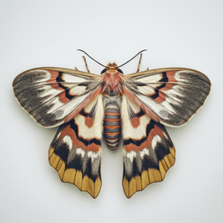a moth captured from the back at an angle, showcasing its intricate patterns and colors. ai generatedの素材