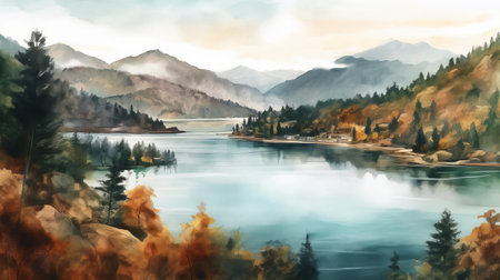 experience the beauty of november with this stunning watercolor painting of a valley, complete with trees, a serene lake, and majestic mountains in the background. the painting captures the essence of autumn with its warm colors and peaceful atmosphere. ai generatedの素材