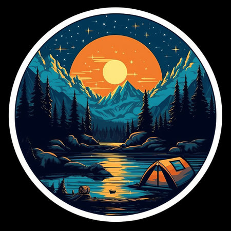 create a captivating and atmospheric sticker that captures the essence of rafting under the stars. depict a tent illuminated by the warm glow of a bonfire in a peaceful forest setting. use a dark color palette with subtle hints of blue and purple to represent the night sky. consider adding silhouettes of trees and mountains in the background to create depth and a sense ofの素材
