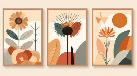 this poster set features tropical marigold and geographic elements in a minimalist, flat design. perfect for boho wall decoration. ai generatedの素材