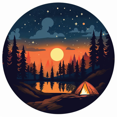 create a captivating and atmospheric design that captures the essence of rafting under the stars. depict a tent illuminated by the warm glow of a bonfire in a peaceful forest setting. use a dark color palette with subtle hints of blue and purple to represent the night sky. the overall design should evoke a feeling of serenity and adventure, inviting viewers to embrace the beautyの素材