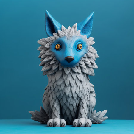 this wolf figurine features intricate blue feathers and eyes painted on its head, inspired by the styles of evgeni gordiets, clemens ascher, didier lourenco, concrete, inventive character designs, and spiky mounds. the close-up view showcases the attention to detail in the design. ai generatedの素材