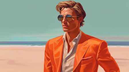experience the sleek and stylized illustration of thomas in light maroon and brown on the beach. this chic and poolcore-inspired artwork is rendered in ultra-high definition, bringing the 1990s vibe to life. ai generatedの素材