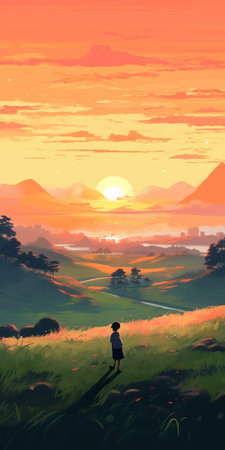 experience the beauty of vibrant, grassy fields, magical lighting, and a majestic sunrise in this pop art deco style installation art painting by ivan camille corot. set in a japanese rural scenery, the painting features elements of stylization inspired by artists such as atey ghailan and alena aenami. ai generatedの素材