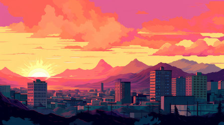 experience the beauty of a san jose sunset in the 1900s with this stunning pixel art close-up. the retro tones and illustration style will transport you back in time. ai generatedの素材