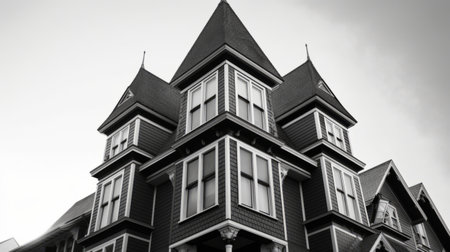 explore the beauty of queen anne architecture with a modern twist of black and white minimal geometric lines. this style is characterized by asymmetrical shapes, ornate details, and vibrant colors. ai generatedの素材