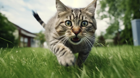 watch this cinematic footage of a cat running in ultra hd, captured with the ultra sharp canon eos r3 camera. the video is in hdr and 8k resolution, providing an extremely detailed viewing experience. ai generatedの素材