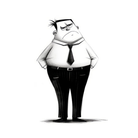 this cartoon illustration depicts a full body megalocnus dressed in a white collar shirt with clean lines and a tired expression. the image is in black and white. ai generatedの素材