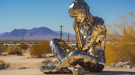 a stunning metal sculpture street art piece in the middle of the desert, reflecting on the artist's being. the intricate details and unique design make it a must-see for art enthusiasts. ai generatedの素材