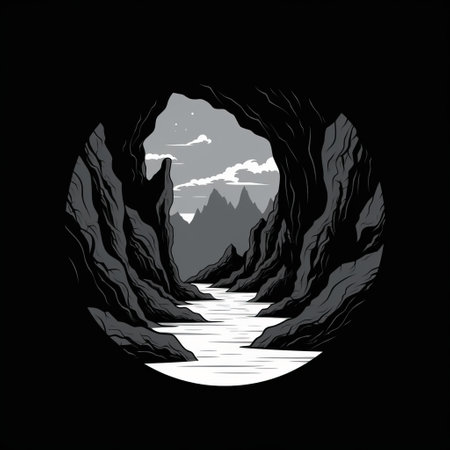 this design features a stylized minimalist cave with mountains in white on a black background. the simplicity of the design creates a modern and sleek look. ai generatedの素材