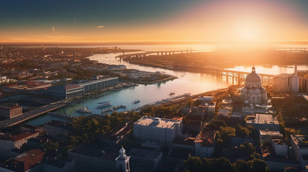 experience the beauty of venice, italy from a bird's eye view with this stunning aerial shot taken on a dji mavic 2 pro. the high detail and hyperrealistic quality of the photo captures the morning sun and golden hour, with the sun shining from the left of the camera. the focal point of the shot is the majestic niagara falls, while gondolas float along theの素材