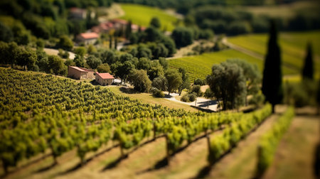 a stunning photograph of an italian landscape captured through a tilt-shift lens, showcasing vibrant colors and a subtle sunny atmosphere. the photo features melissa running across a winery field and was taken by takumar 105mm f/2.8 c 50 on a sunny day, with clean sharp focus and depth of field. the photo has won awards for its photo-realistic and hyper-detailed qualities, as well as itsの素材