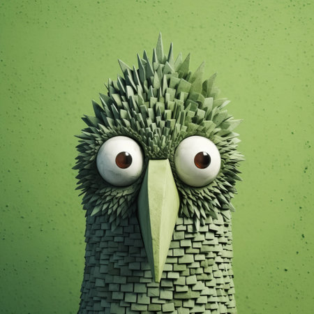 this tapestry features a green bird figurine with painted eyes on its head, in the style of evgeni gordiets, clemens ascher, didier lourenco, concrete, inventive character designs, and spiky mounds. the tapestry is captured in a close-up shot. ai generatedの素材