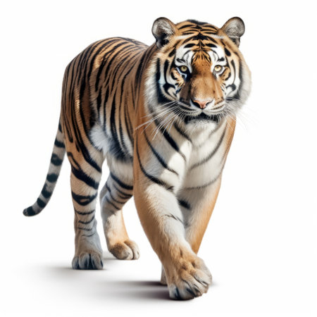 this tiger photo is isolated on a white background and features extremely high resolution, soft lighting, and super detail. the anti-aliasing, 16mm lens, and high sharpness create an ultra photorealistic image with ambient shading and hdr super detail. the use of shaders, including opengl and glsl, further enhance the image quality. with pro photo gb and over a million megapixels, this photo captures the beautyの素材