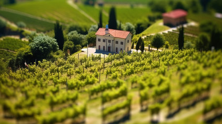 experience the stunning beauty of an italian landscape captured through a tilt-shift lens. the photo, taken by takumar 105mm f/2.8 c 50, showcases an aerial view of a winery field on a sunny day. the photo is photo-realistic, with clean sharp focus, depth of field, beautifully-color-coded, and hyper-detailed. it has won multiple awards for its striking vibrancy and subtle sunny tones. ai generatedの素材
