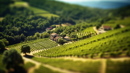 experience the stunning beauty of an italian landscape captured through a tilt-shift lens. the photo, taken by takumar 105mm f/2.8 c 50, showcases an aerial view of a winery field on a sunny day. the photo is photo-realistic, with clean sharp focus, depth of field, beautifully-color-coded, and hyper-detailed. it has won multiple awards for its striking vibrancy and subtle sunny tones. ai generatedの素材