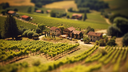 experience the beauty of an italian landscape captured through a tilt-shift lens. the scenery is strikingly vibrant and subtly sunny, with an aerial view of a winery field. this photo-realistic image taken by takumar 105mm f/2.8 c 50 has won awards for its clean sharp focus, depth of field, beautifully-color-coded, and hyper-detailed features on a sunny day. ai generatedの素材