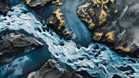 experience the beauty of iceland's glacier river stream as it reaches the coast and drops to the sea in this stunning cave photography. the realistic top-down view captures the essence of the natural wonder. ai generatedの素材