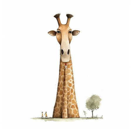 enjoy the whimsical art of jon klassen featuring a giraffe putting its hand in its mouth. the snicker emoji adds a touch of humor to this piece. the art has no background, making it easy to incorporate into any setting. ai generatedの素材