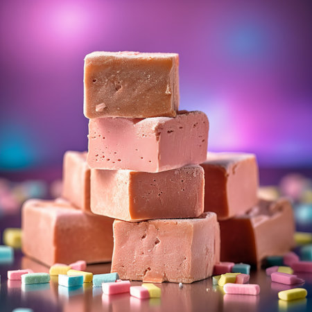 this photograph showcases fudge in pastel colors with exquisite detail and photorealistic lighting. shot with a 30-megapixel camera and a 35-mm-lens at f:8, iso 100, and shutter-speed 1:125, the image features sharp-focus and small catchlights. the diffuse-back-lighting adds a realistic touch to the background, while the engraving on the fudge is highly detailed and intricate. the cinematography and epic composition of the image are enhancedの素材