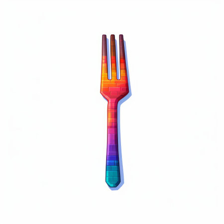 this 2d illustration of a fork features a white ground and vibrant colors in a retro 16-bit style. created by pixelplantmaster, this indie game asset has both simple and detailed elements with crisp pixel edges, evoking a nostalgic aesthetic. ai generatedの素材