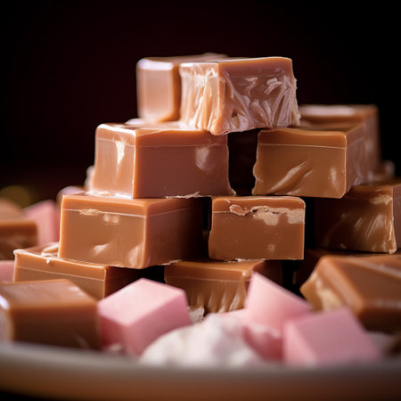 this photograph showcases fudge in pastel colors with exquisite detail and photorealistic lighting. shot with a 30-megapixel camera and a 35-mm-lens at f:8, iso 100, and shutter-speed 1:125, the image features sharp-focus and diffuse-back-lighting. the small catchlight and high-sharpness add to the realistic lighting, while the background is highly detailed and intricate. the engraving-like effect is achieved through cinematography and the use of octane render.の素材