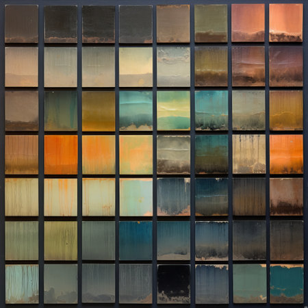 this art piece features a colorful variety of slumped panels arranged in rows, inspired by the style of wet plate negatives. the simplicity of monochromatic color palettes is enhanced by layered acrylic washes and unconventional materials. the use of dark palette chiaroscuro and instax adds depth to the soft tonal transitions. ai generatedの素材