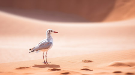 a gull is walking through the desert, looking exhausted and worn out. it seems to be searching for something, but it's unclear what that might be. ai generatedの素材