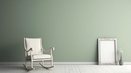 this interior rocking chair features a white wood frame and a unique green vertical empty frame design. perfect for any modern or minimalist home decor. ai generatedの素材