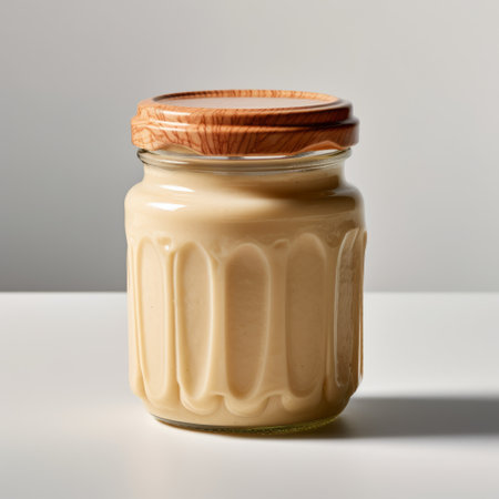 a jar of smooth and pale beige cashew butter is showcased on a white surface, perfect for spreading on toast or adding to smoothies. ai generatedの素材