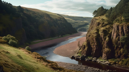 a hyper-detailed and realistic image of a cliff with a river next to a hill in the background, inspired by scottish landscapes and rendered using kodak ektar film. the panoramic scale and use of groundcore and bentwood elements enhance the photo-realistic effect. ai generatedの素材
