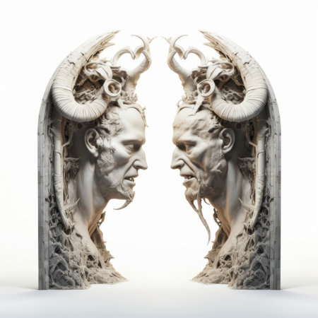 this artwork features two profiles of men facing each other, with their heads, on a white background. it is a representation of the gates of hell, a monumental sculpture by auguste rodin. ai generatedの素材