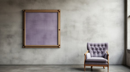 a blank wooden frame stands on a board on the gray wall, with a single pansy in front of it. the shot showcases upholstery selection with natural light. ai generatedの素材