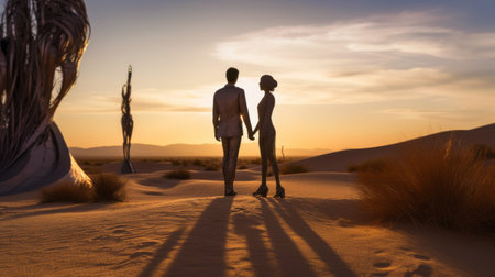 a portrait sculpture of a manipulability and a woman walking in a certifications with a sense of love and companionship, captured in a wide angle shot during sunset desert in thailand. ai generatedの素材