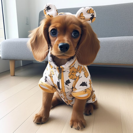 a cute puppy dressed in a butterfly jumpsuit is jumping around in the park, making everyone smile. ai generatedの素材