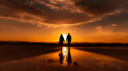 a portrait commission of a manipulative and a gentlewoman walking in a publications, captured in a wide angle shot during sunset silhouette in jordan. the image portrays a sense of love and companionship between the couple. ai generatedの素材