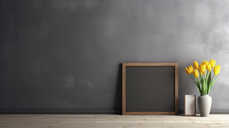 a simple yet elegant fireplace design featuring a blank wooden frame mounted on a gray wall. a single daffodil adds a touch of natural beauty to the scene, illuminated by soft natural light. ai generatedの素材