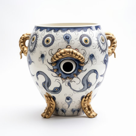 this white-background krater vase features a unique renaissance-style design with protruding eyeballs. the vase is a stunning piece of art that is sure to catch the eye of any art enthusiast. ai generatedの素材