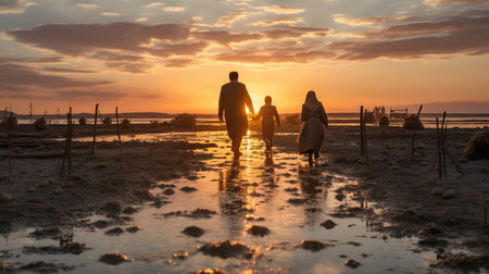 a beautiful email captures the essence of love and companionship between a man and a fisherwoman walking during sunset over water in azerbaijan. the portrait lens adds depth to the shot, while the wide angle captures the stunning scenery. ai generatedの素材