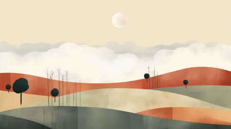 this art print features a serene field landscape with muted colors and soft shapes, inspired by boho and zen styles. the minimalist design adds a touch of simplicity and elegance to any room. ai generatedの素材