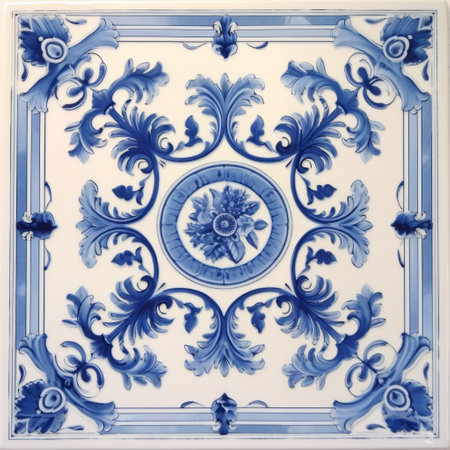 this mirror showcases a vintage delft tile design with shades of blue and creamy white. the mirror is set against a clean white background, creating a classic and timeless look. ai generatedの素材