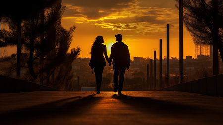 a portrait commission of a manipulative and a gentlewoman walking in a publications, captured in a wide angle shot during sunset silhouette in jordan. the image portrays a sense of love and companionship between the couple. ai generatedの素材