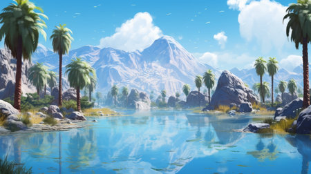 an idyllic oasis springs forth in the midst of a barren desert, providing a refreshing respite to the wildlife. the illustration captures the contrast of the lush oasis against the arid desert, with each line meticulously etched to portray the tranquility and life-giving properties of the oasis. ai generatedの素材