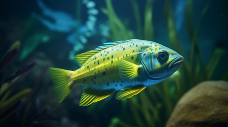 experience the beauty of mahi-mahi in a stunning aquarium with plants and stones. get all the details in high definition and enjoy a photo-realistic view. ai generatedの素材
