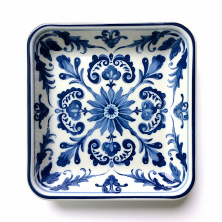 this tray showcases a beautiful vintage delft tile with shades of blue and creamy white. the tile is set on a white background, creating a stunning contrast. ai generatedの素材