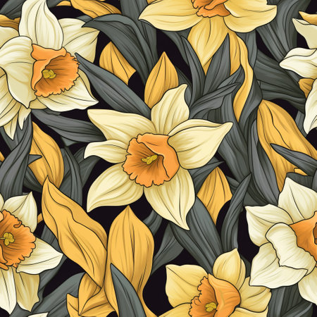 this seamless vector pattern features beautiful daffodils in bloom. perfect for spring-themed designs and projects. ai generatedの素材